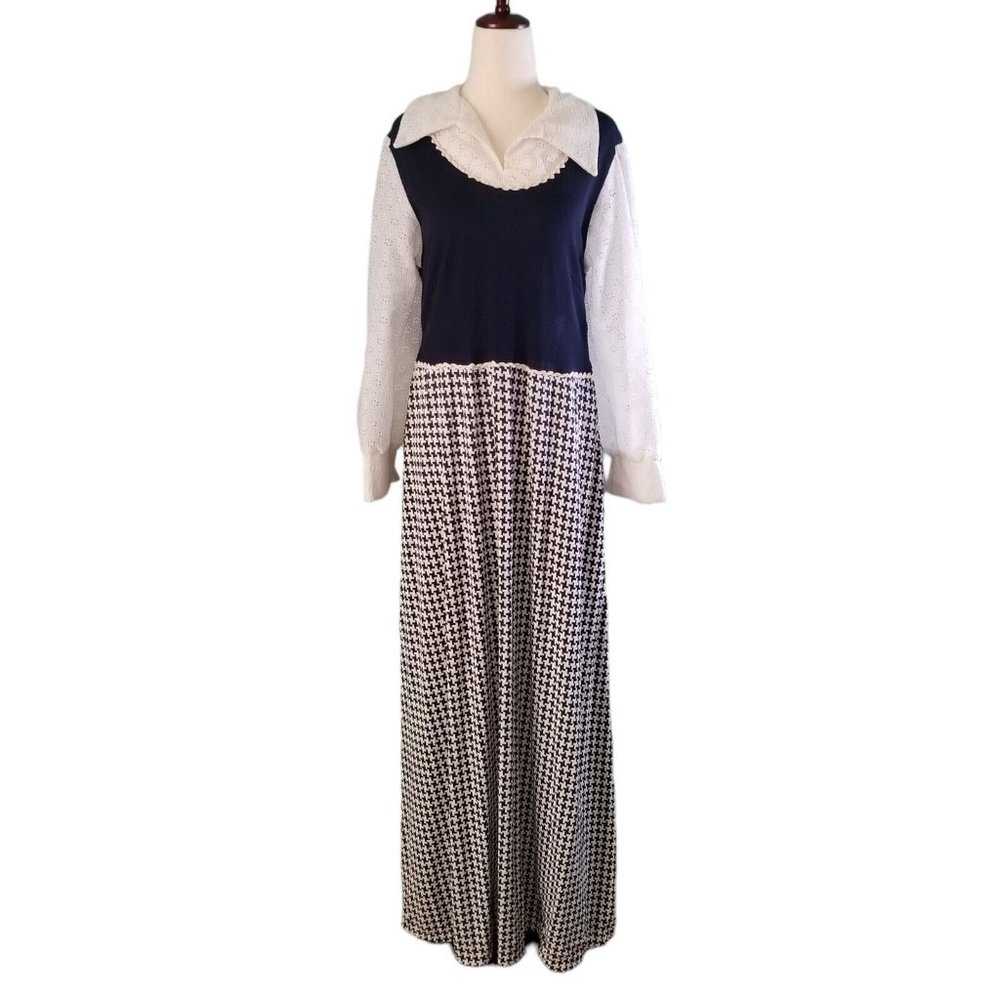 70s Maxi Dress Sears Fashions Hostess Navy Blue White Houndstooth Lace Vintage